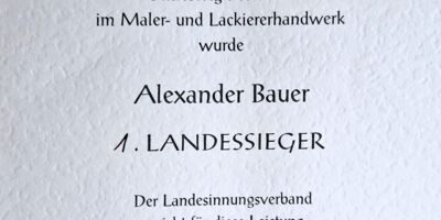 Alexander Bauer von AB Malermeister belegt Platz 1 als Landesbester in Schleswig Holstein im Maler und Lackierhandwerk.